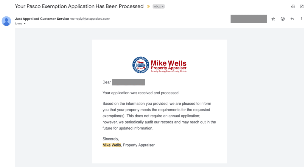 Florida Homestead Exemption Approval Email